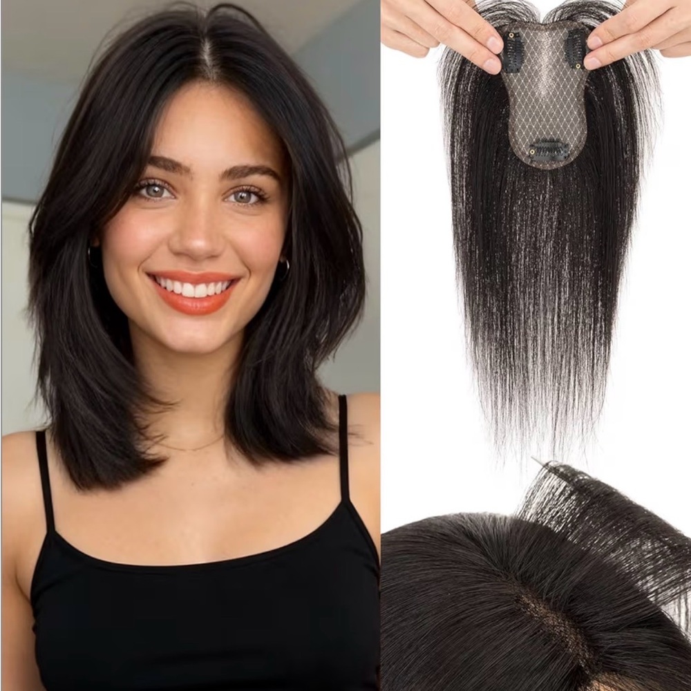 Human Hair Topper Side Bangs Clip-In 3D Coverage Lace Base 9in Black